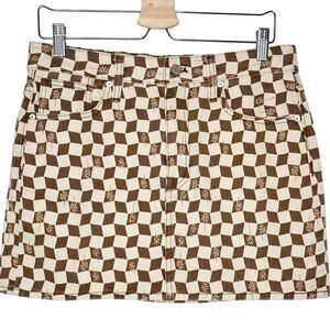 Madewell size 27 Checkered Daisy Denim Mini Skirt Brown Cream Retro Mod 70s New